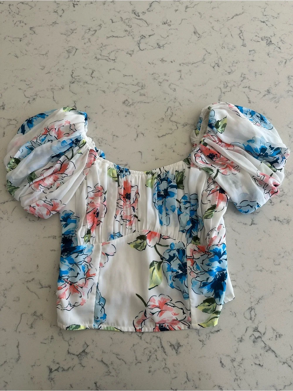Abercrombie & Fitch White Floral Puff Sleeve Crop Top with Blue & Pink Flowers